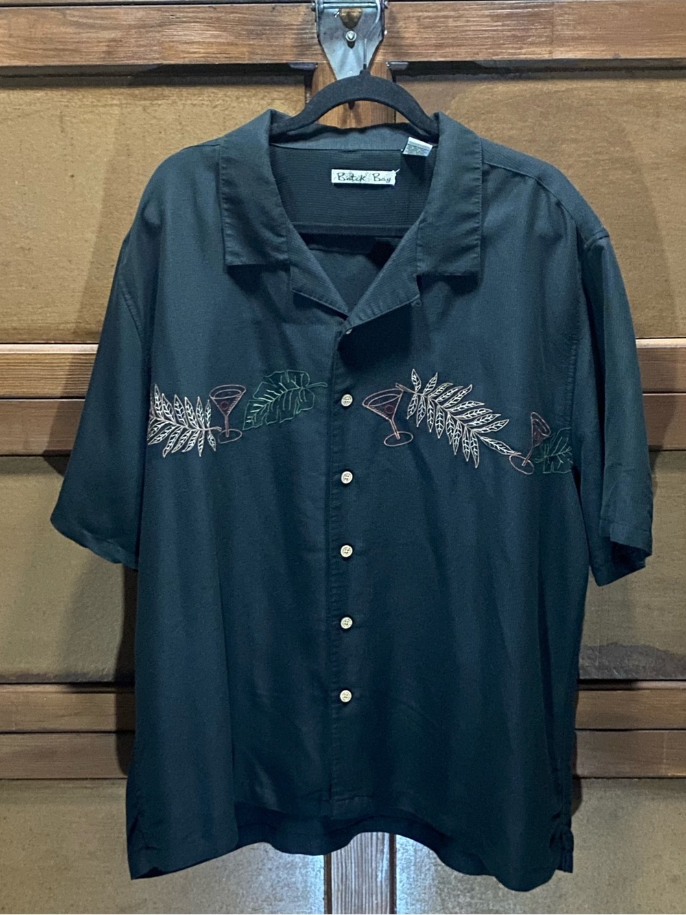 Batik Bay Martini Glass Black Short-Sleeve Embroidered Camp Shirt Sz XXL